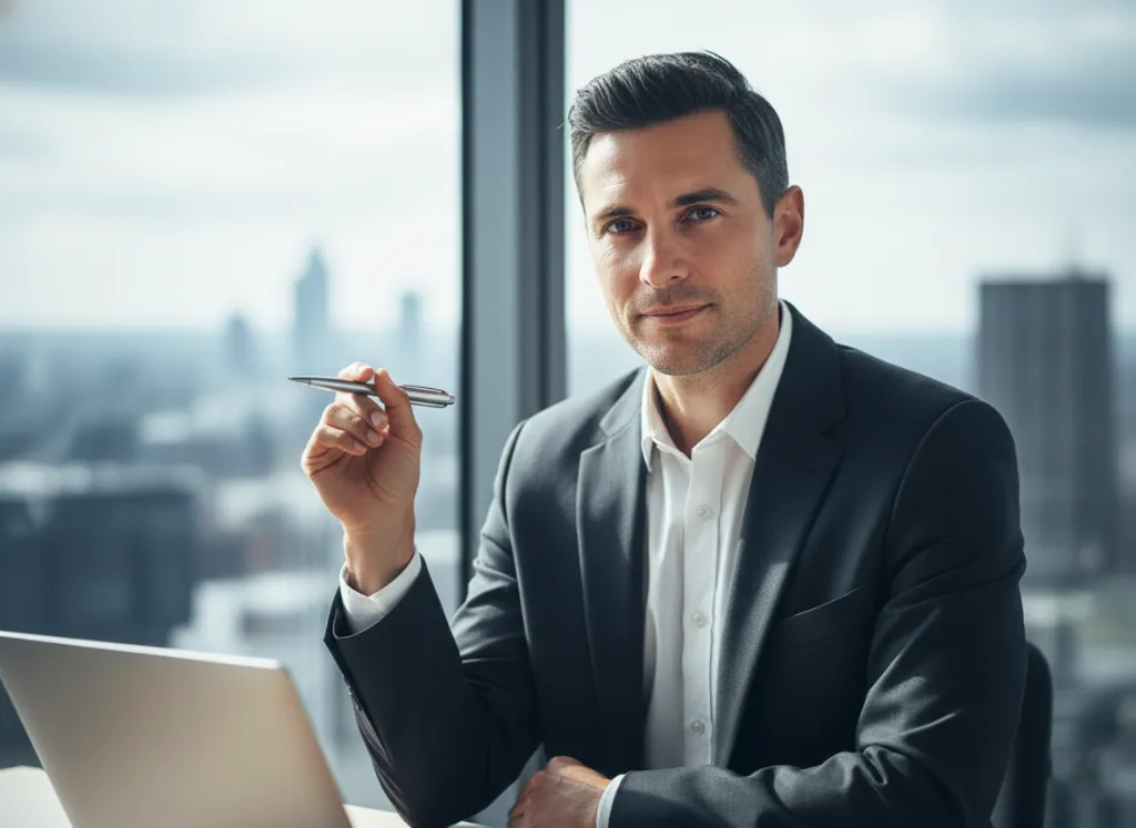 homem executivo com blazer na mesa com notebook