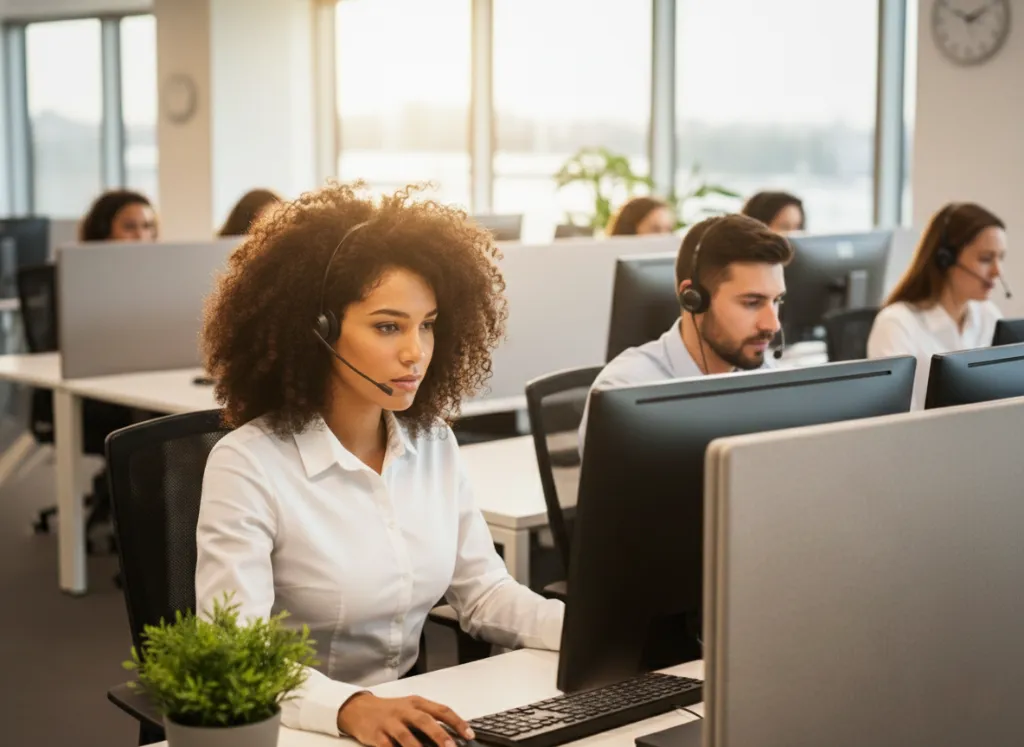 mulher-jovem-morena-no-call-center-em-primeiro-plano-e-outros-operadores-ao-lado-e-ao-fundo