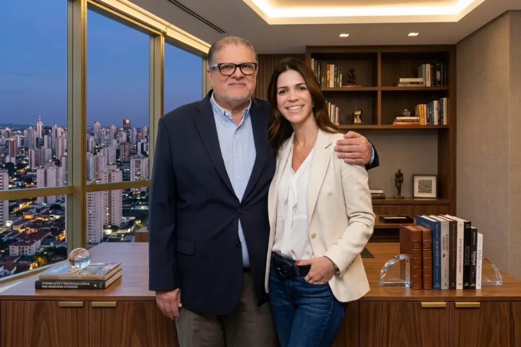 Dr. Flávio Zambrone abraçado com sua filha Maria Vitória Zambrone diante da mesa no escritório