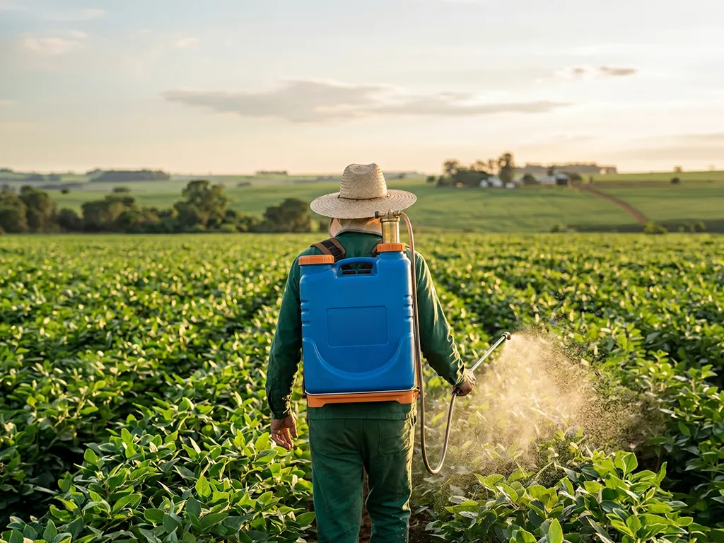 homem no campo utilizando equipamento de pulverização