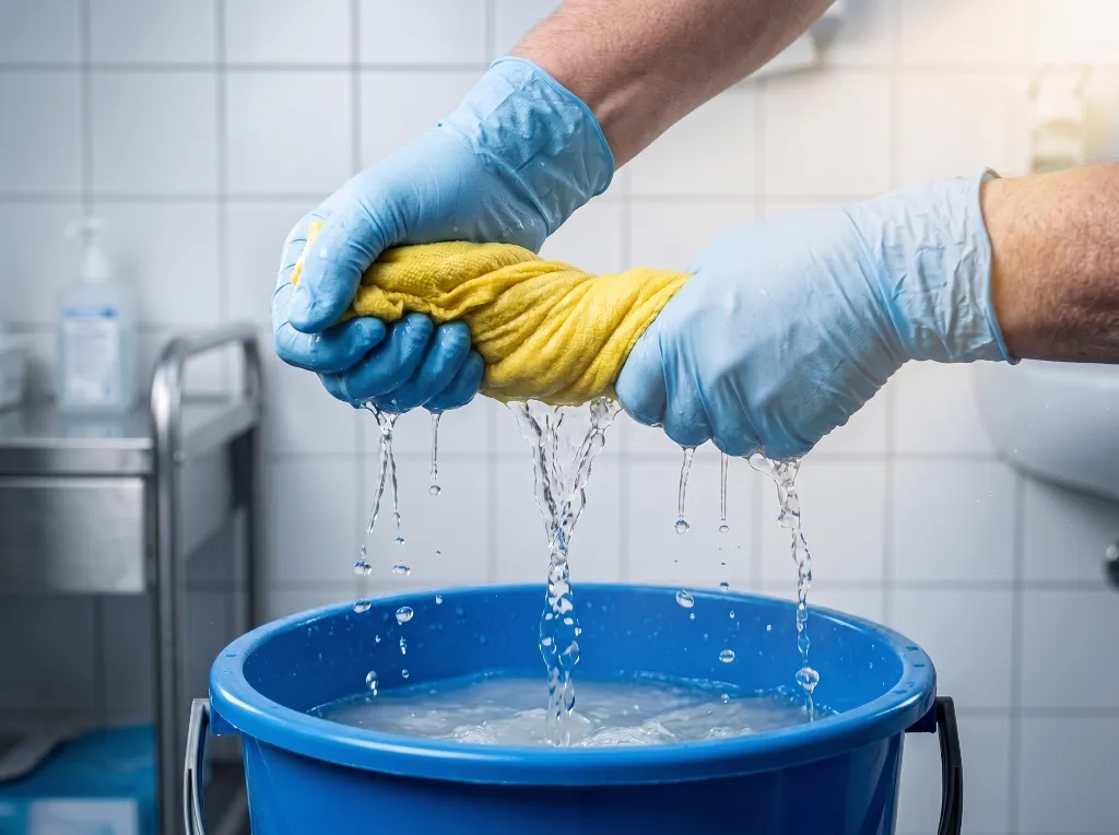 pessoa com luvas torcendo pano amarelo sobre balde cheio de agua em ambiente hospitalar