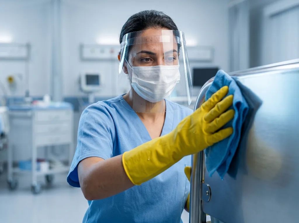 mulher fazendo limpeza em cama de hospital com epis
